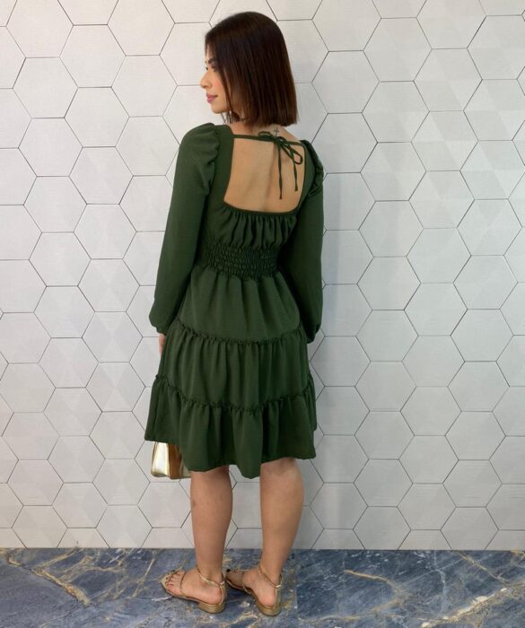 Vestido Curto Feminino com Bojo Manga Longa Jade Verde Militar - Fernanda Ramos Store