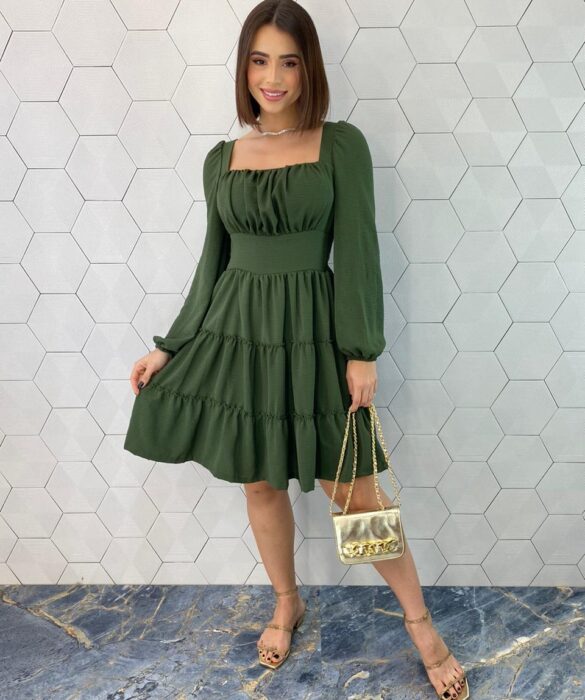 Vestido Curto Feminino com Bojo Manga Longa Jade Verde Militar - Fernanda Ramos Store