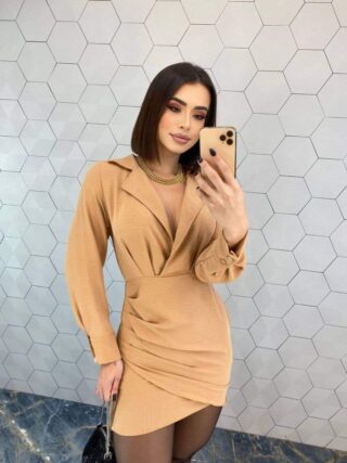 Vestido Curto Feminino Manga Longa Stella Bege - Fernanda Ramos Store