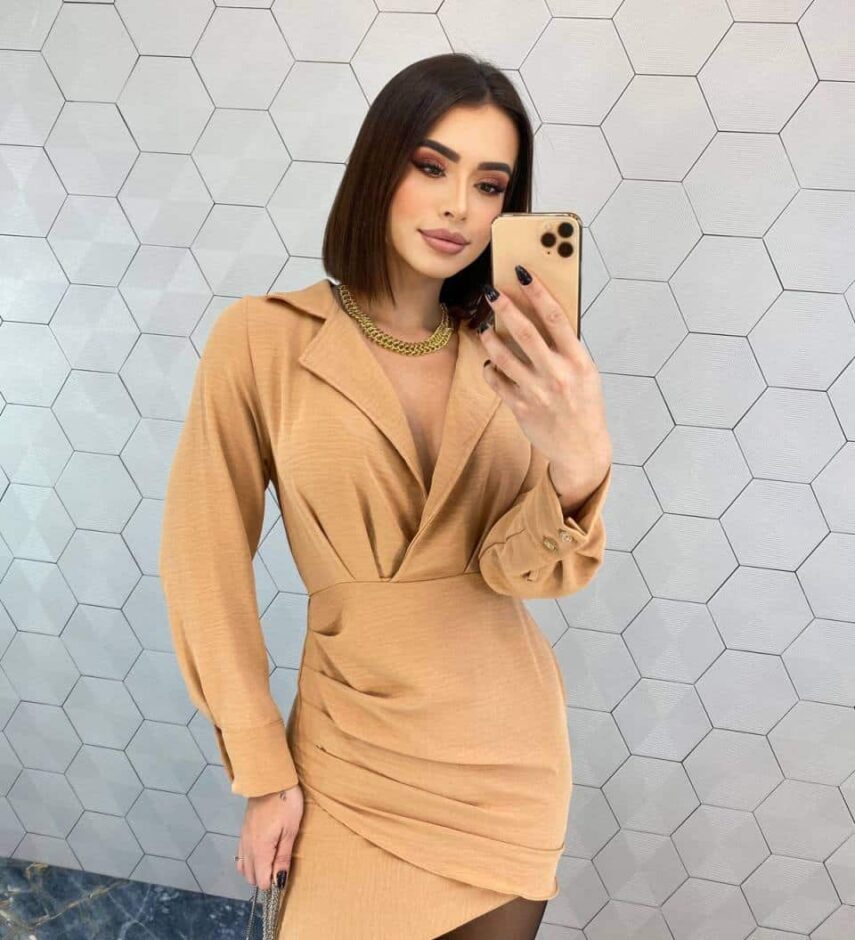 Vestido Curto Feminino Manga Longa Stella Bege - Fernanda Ramos Store