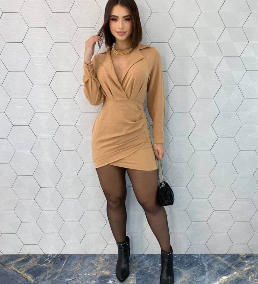 Vestido Curto Feminino Manga Longa Stella Bege - Fernanda Ramos Store