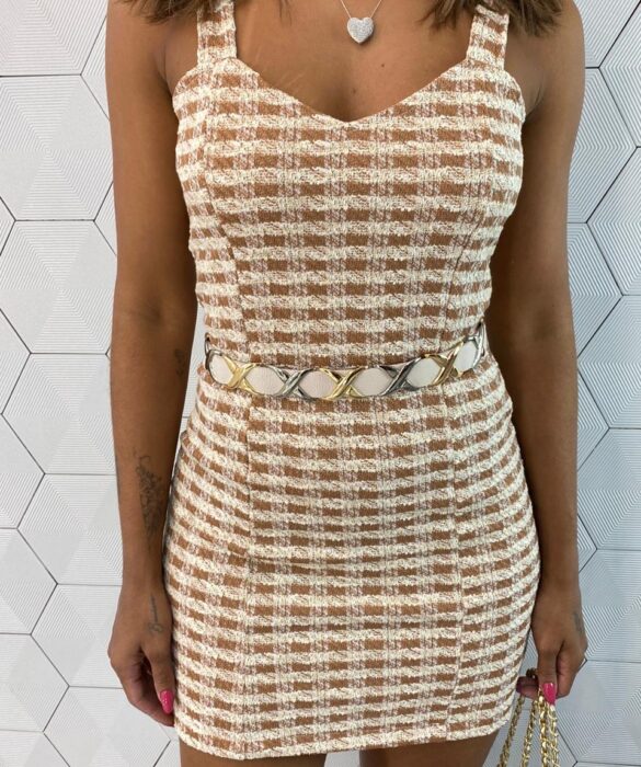 Vestido Curto Feminino sem Bojo Tweed Bege - Fernanda Ramos Store