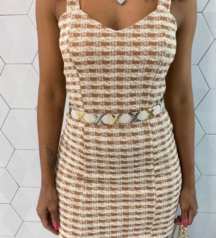 Vestido Curto Feminino sem Bojo Tweed Bege - Fernanda Ramos Store
