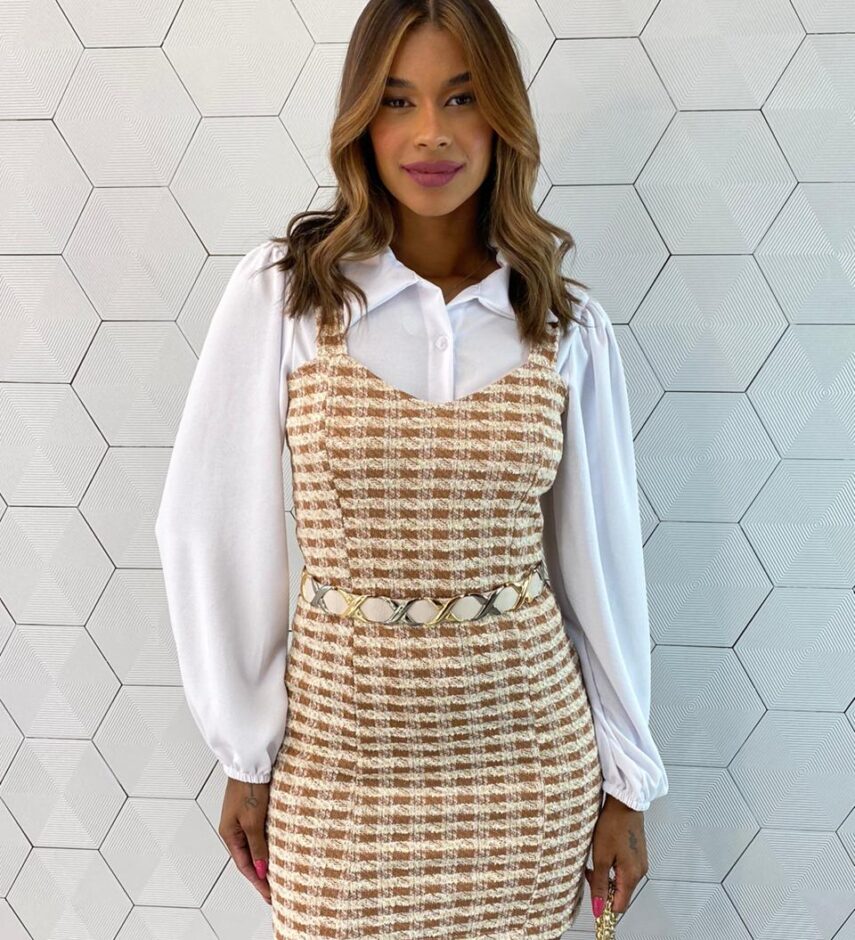 Vestido Curto Feminino sem Bojo Tweed Bege - Fernanda Ramos Store
