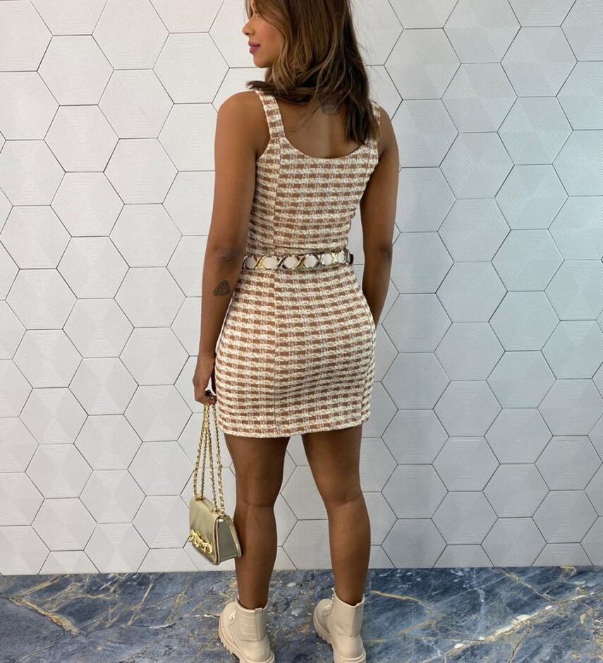 Vestido Curto Feminino sem Bojo Tweed Bege - Fernanda Ramos Store