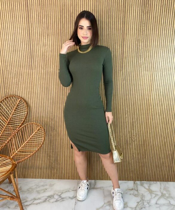 Vestido Curto Manga Longa Canelado Maitê Verde Militar - Fernanda Ramos Store