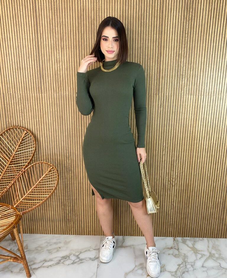 Vestido Curto Manga Longa Canelado Maitê Verde Militar - Fernanda Ramos Store