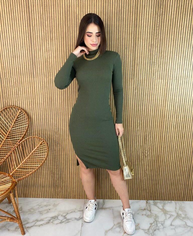 Vestido Curto Manga Longa Canelado Maitê Verde Militar - Fernanda Ramos Store