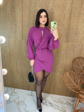 Vestido Curto Manga Longa Detalhe no Decote Lívia Fúcsia - Fernanda Ramos Store