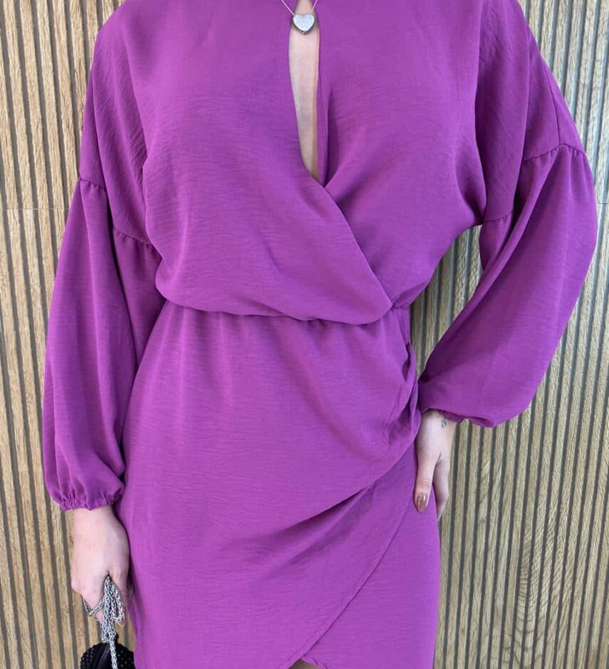 Vestido Curto Manga Longa Detalhe no Decote Lívia Fúcsia - Fernanda Ramos Store