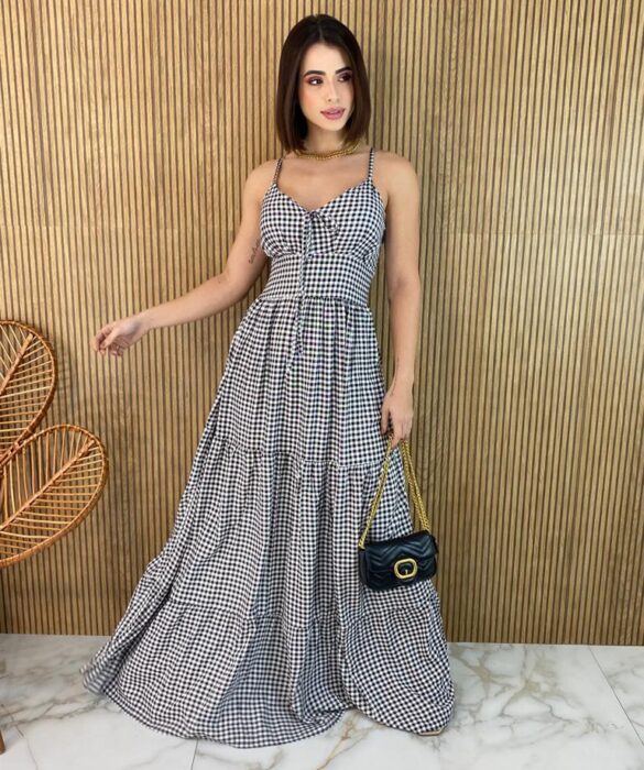 Vestido Longo com Bojo Alça Regulável Aline Xadrez - Fernanda Ramos Store