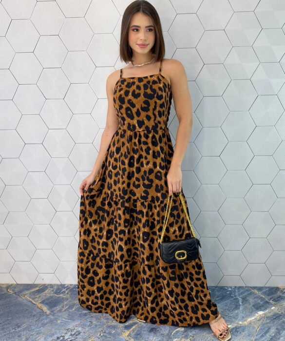 Vestido Longo com Bojo Alça Regulável Sophia Animal Print - Fernanda Ramos Store