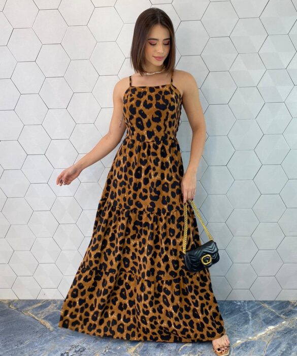 Vestido Longo com Bojo Alça Regulável Sophia Animal Print - Fernanda Ramos Store