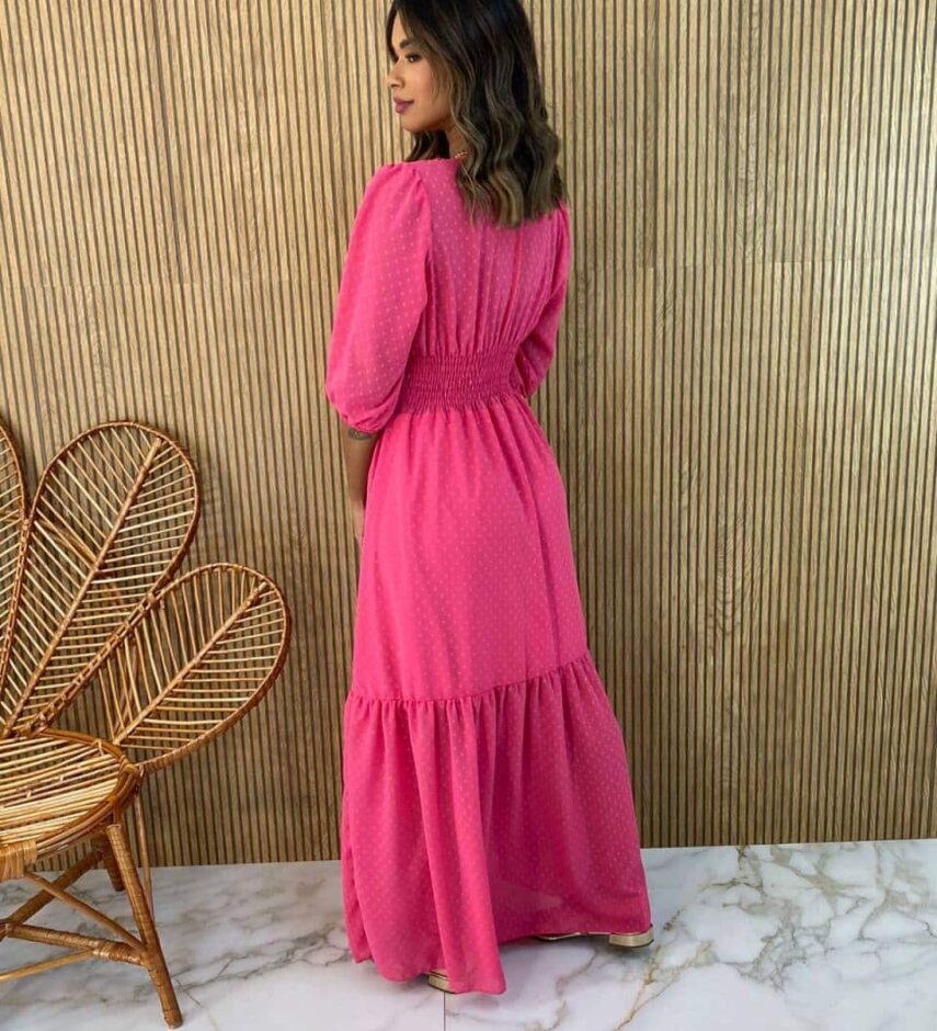 Vestido Longo com Bojo Manga 3/4 com Relevo Rosa - Fernanda Ramos Store