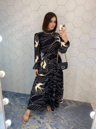 Vestido Longo Duna Manga Longa com Amarração Estampado - Fernanda Ramos Store