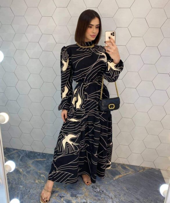 Vestido Longo Duna Manga Longa com Amarração Estampado - Fernanda Ramos Store