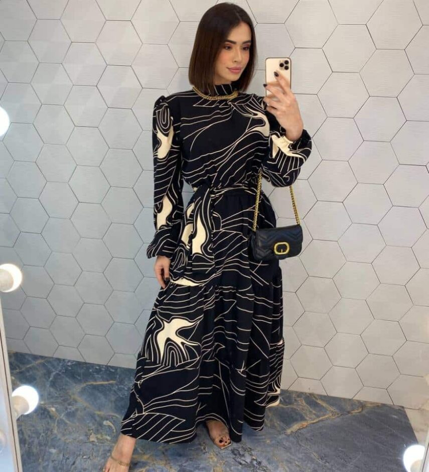 Vestido Longo Duna Manga Longa com Amarração Estampado - Fernanda Ramos Store