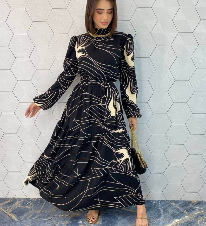 Vestido Longo Duna Manga Longa com Amarração Estampado - Fernanda Ramos Store