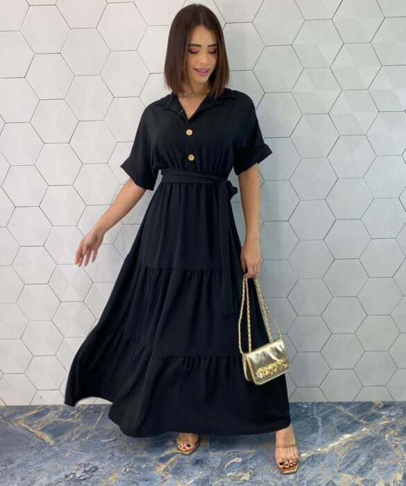 Vestido Longo sem Bojo com Botões e Amarração Preto - Fernanda Ramos Store