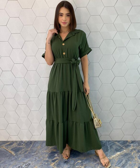 Vestido Longo sem Bojo com Botões e Amarração Verde Militar - Fernanda Ramos Store