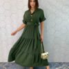 Vestido Longo sem Bojo com Botões e Amarração Verde Militar - Fernanda Ramos Store