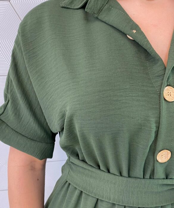 Vestido Longo sem Bojo com Botões e Amarração Verde Militar - Fernanda Ramos Store