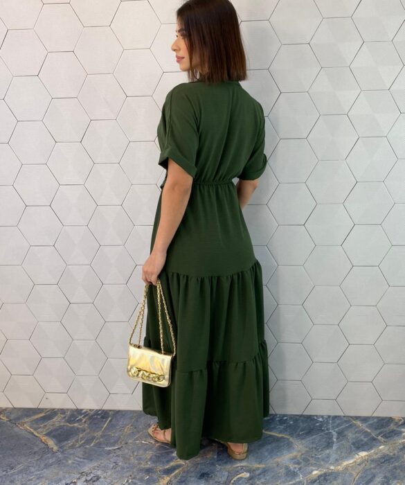 Vestido Longo sem Bojo com Botões e Amarração Verde Militar - Fernanda Ramos Store