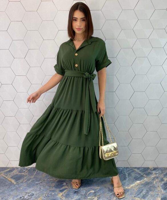 Vestido Longo sem Bojo com Botões e Amarração Verde Militar - Fernanda Ramos Store