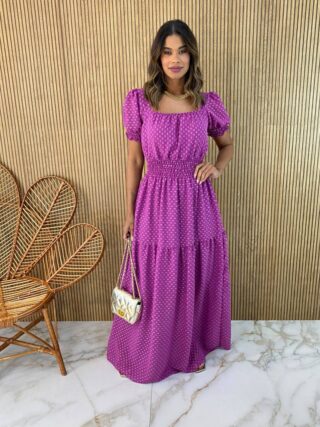 Vestido Longo sem Bojo Lastex na Cintura Manga Princesa Fucsia - Fernanda Ramos Store