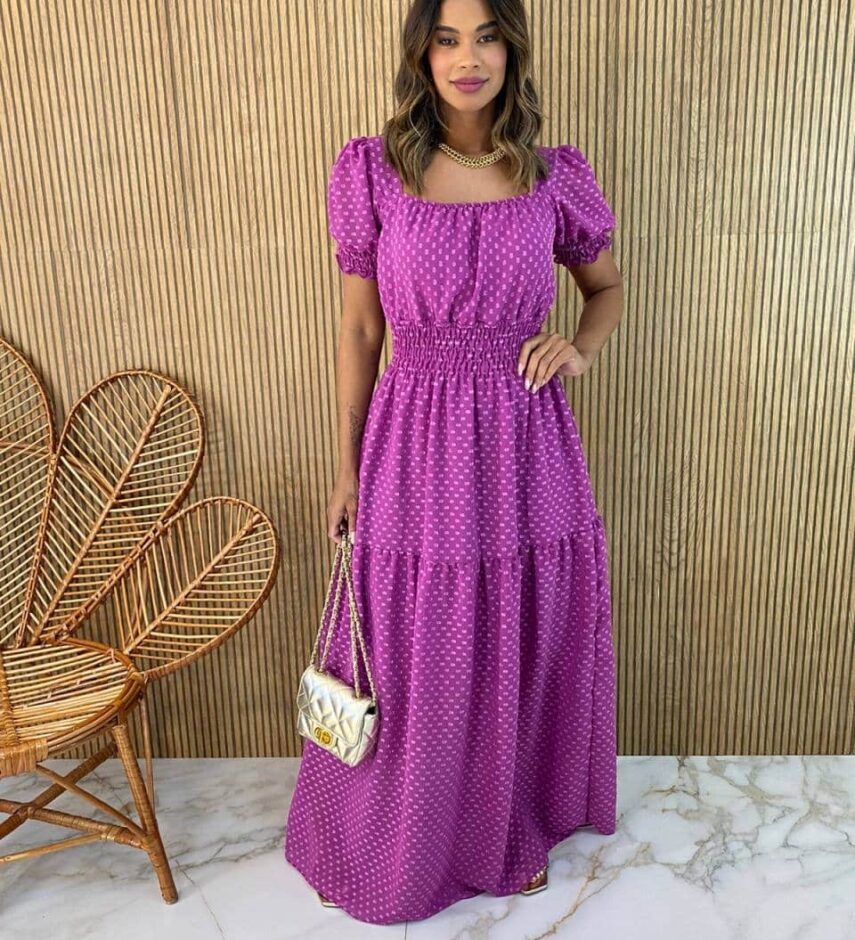 Vestido Longo sem Bojo Lastex na Cintura Manga Princesa Fucsia - Fernanda Ramos Store