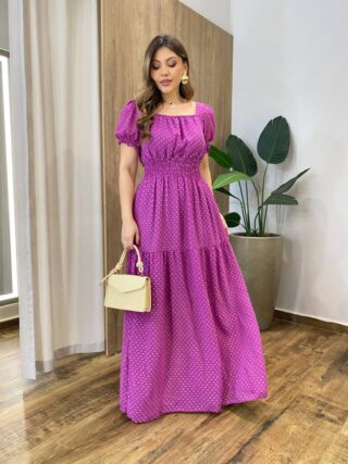 Vestido Longo sem Bojo Lastex na Cintura Manga Princesa Fucsia - Fernanda Ramos Store