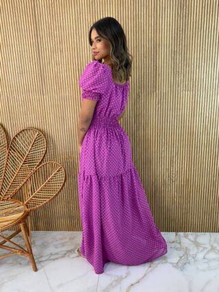 Vestido Longo sem Bojo Lastex na Cintura Manga Princesa Fucsia - Fernanda Ramos Store