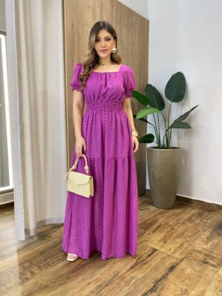 Vestido Longo sem Bojo Lastex na Cintura Manga Princesa Fucsia - Fernanda Ramos Store