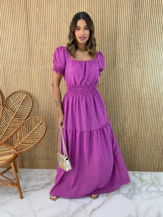 Vestido Longo sem Bojo Lastex na Cintura Manga Princesa Fucsia - Fernanda Ramos Store