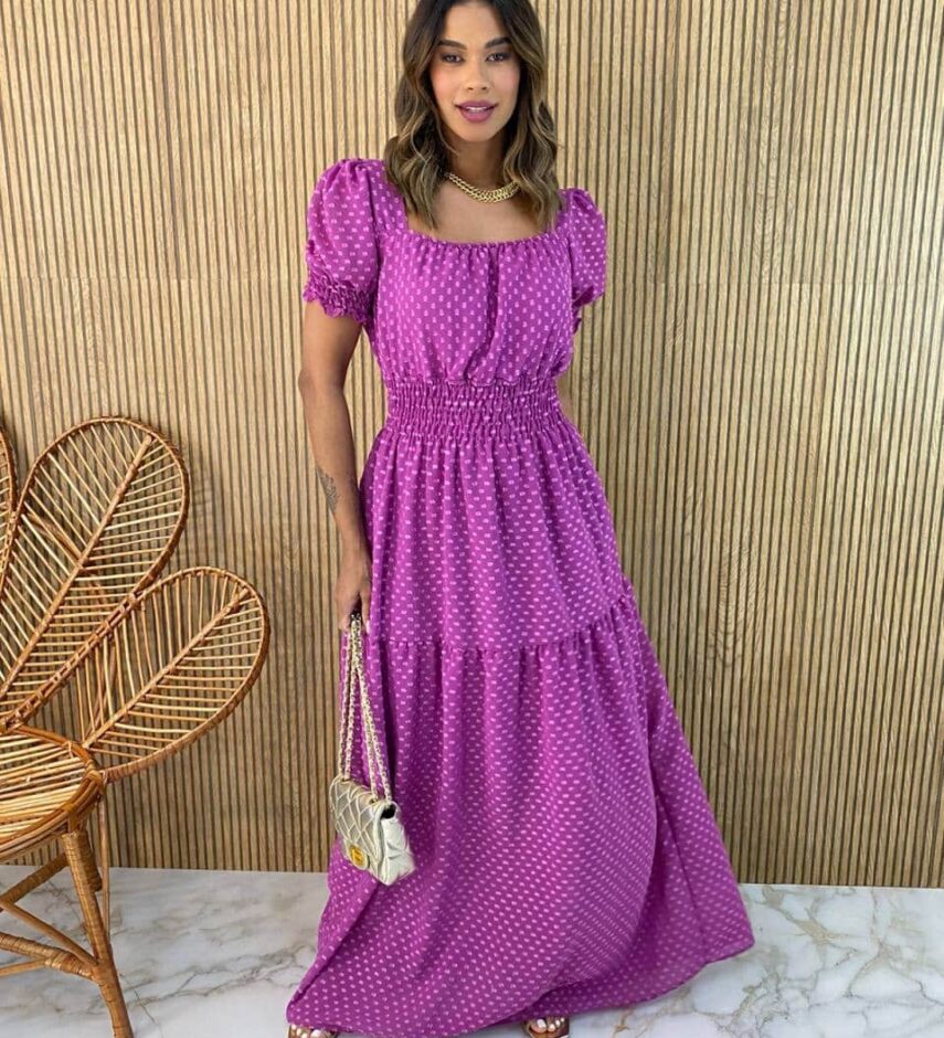 Vestido Longo sem Bojo Lastex na Cintura Manga Princesa Fucsia - Fernanda Ramos Store