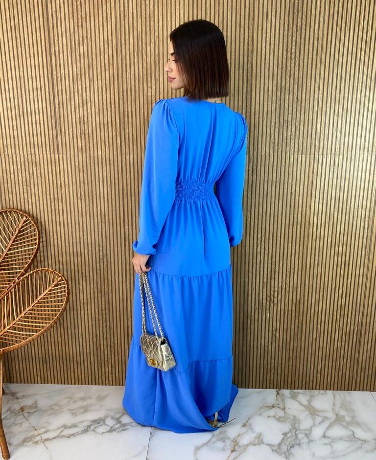 Vestido Longo sem Bojo Manga Longa Alice Azul - Fernanda Ramos Store