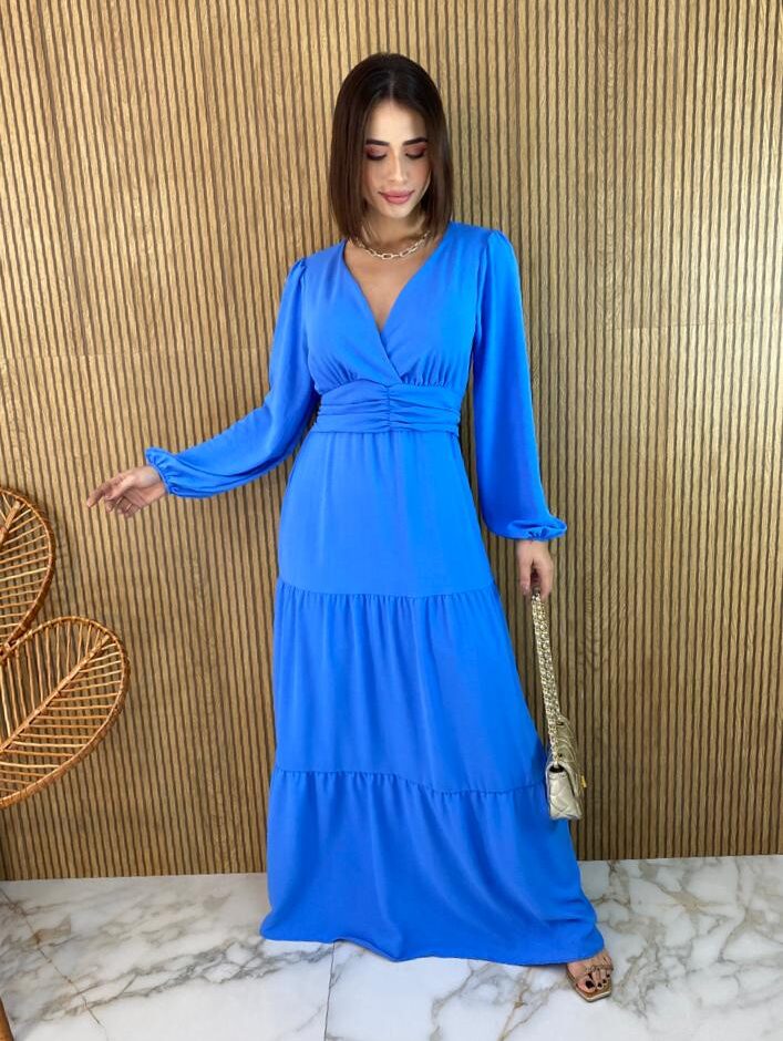 Vestido Longo sem Bojo Manga Longa Alice Azul - Fernanda Ramos Store