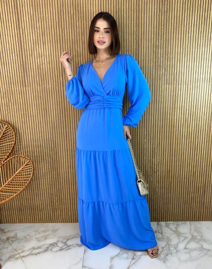 Vestido Longo sem Bojo Manga Longa Alice Azul - Fernanda Ramos Store
