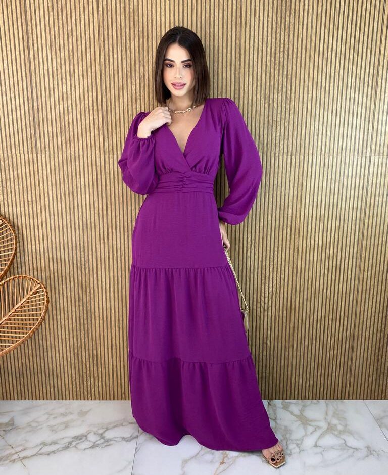 Vestido Longo sem Bojo Manga Longa Alice Fúcsia - Fernanda Ramos Store