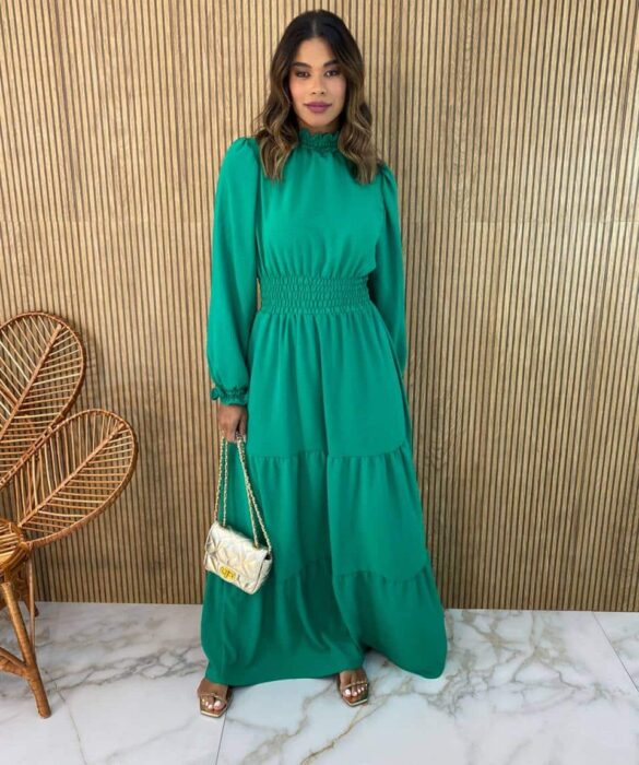 Vestido Longo sem Bojo Manga Longa Detalhes em Lastex Verde - Fernanda Ramos Store