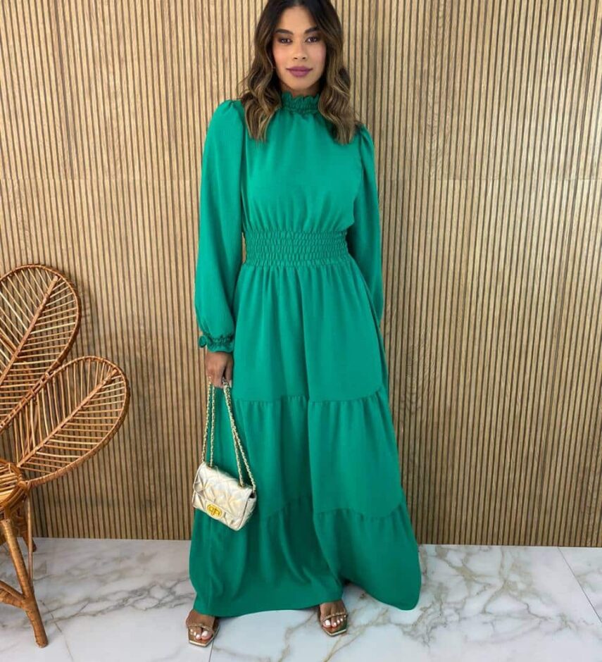 Vestido Longo sem Bojo Manga Longa Detalhes em Lastex Verde - Fernanda Ramos Store