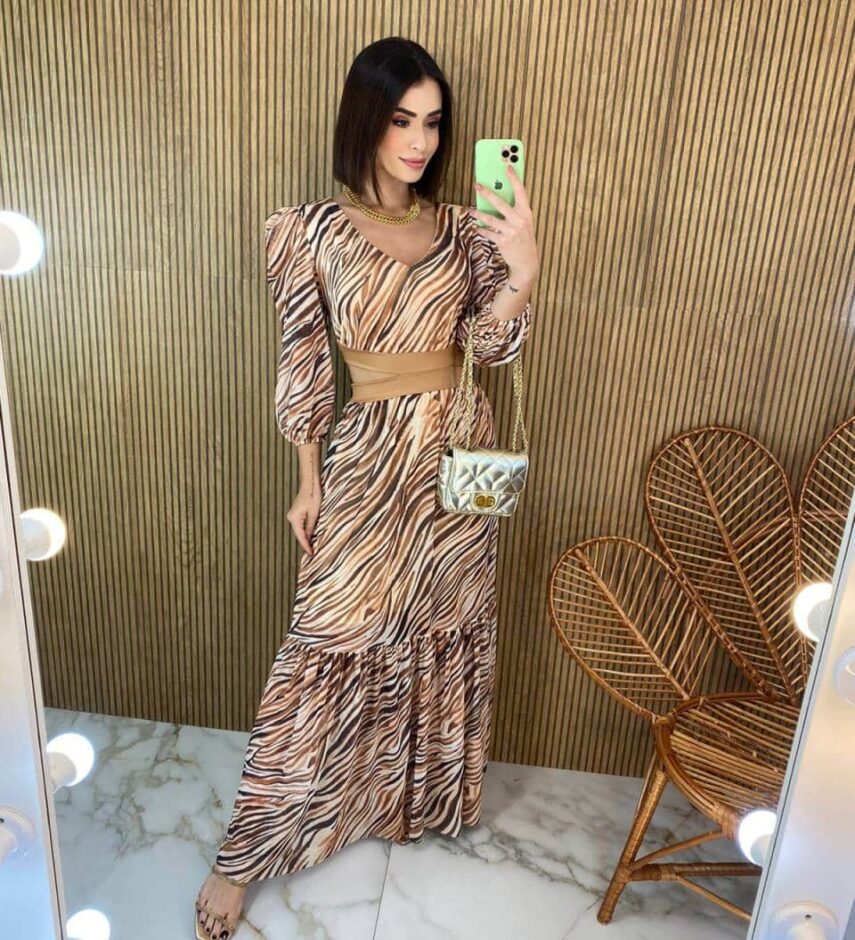 Vestido Longo sem Bojo Manga Longa Tule Zebra Transversal - Fernanda Ramos Store