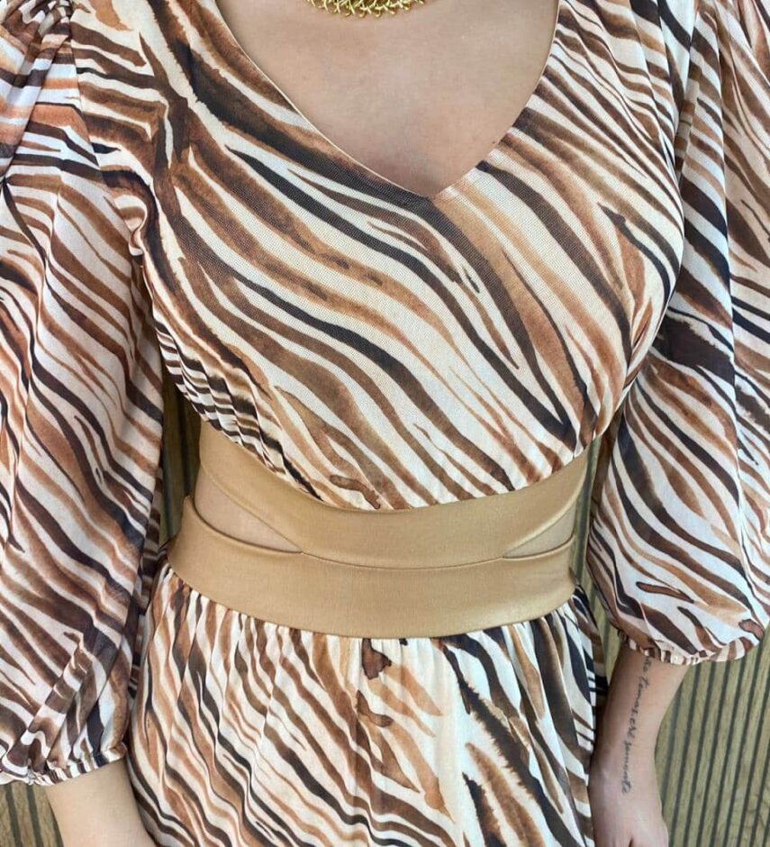 Vestido Longo sem Bojo Manga Longa Tule Zebra Transversal - Fernanda Ramos Store