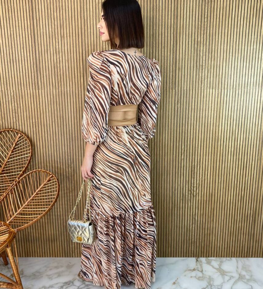 Vestido Longo sem Bojo Manga Longa Tule Zebra Transversal - Fernanda Ramos Store