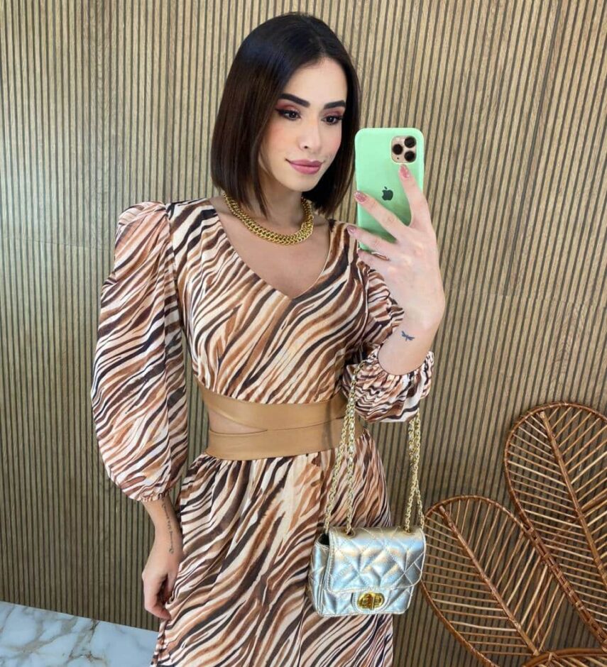 Vestido Longo sem Bojo Manga Longa Tule Zebra Transversal - Fernanda Ramos Store