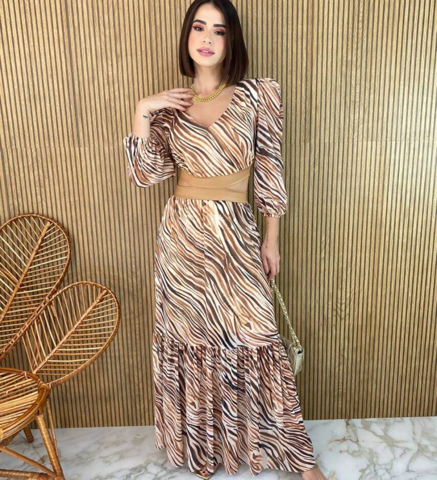 Vestido Longo sem Bojo Manga Longa Tule Zebra Transversal - Fernanda Ramos Store