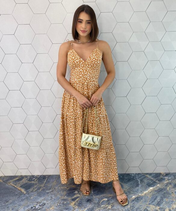 Vestido Midi sem Bojo Alças com Amarração Animal Print - Fernanda Ramos Store