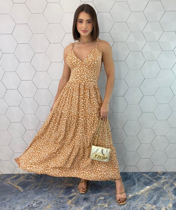 Vestido Midi sem Bojo Alças com Amarração Animal Print - Fernanda Ramos Store