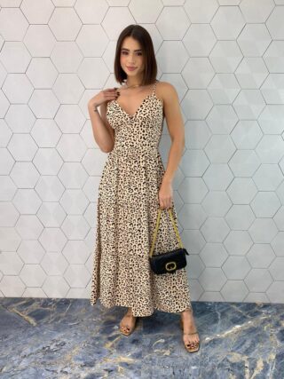 Vestido Midi sem Bojo Alças com Amarração Estampa Animal Print - Fernanda Ramos Store