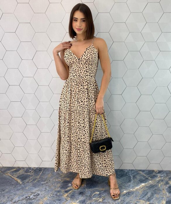 Vestido Midi sem Bojo Alças com Amarração Estampa Animal Print - Fernanda Ramos Store